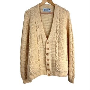 VTG 70s Yarn Point Crafts Newfoundland Wool Fisherman Cardigan L Cable Knit RARE